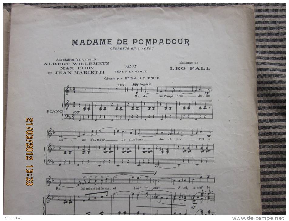 Partition"Mme De Pompadour" Opérette En 3 Actes Musique De Leo Fall-présenté Au Théâtre Marigny Par Léon Volterra - Opera