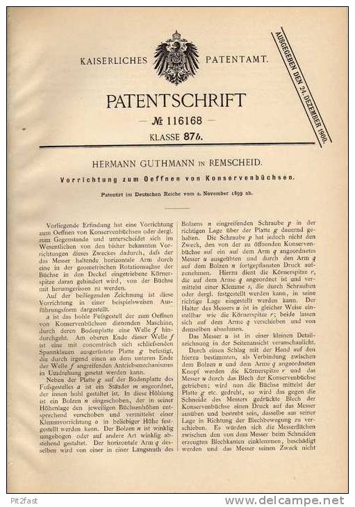 Original Patentschrift - H. Guthmann In Remscheid , 1899 , Büchsenöffner , Konservenöffner !!! - Tools