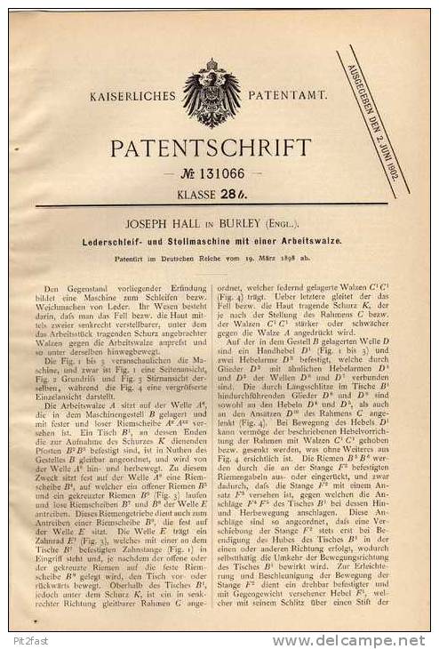 Original Patentschrift - J. Hall In Burley , 1898 , Lederschleif- Und Stollmaschine , Sattler , Schuster !!! - Tools