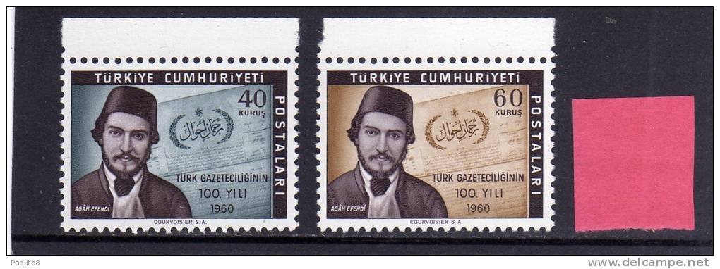 TURCHIA - TURKÍA - TURKEY 1960 PRIMO GIORNALE TURCO - CENTENARY OF TURKISH JOURNALISM SERIE COMPLETA MNH - Neufs