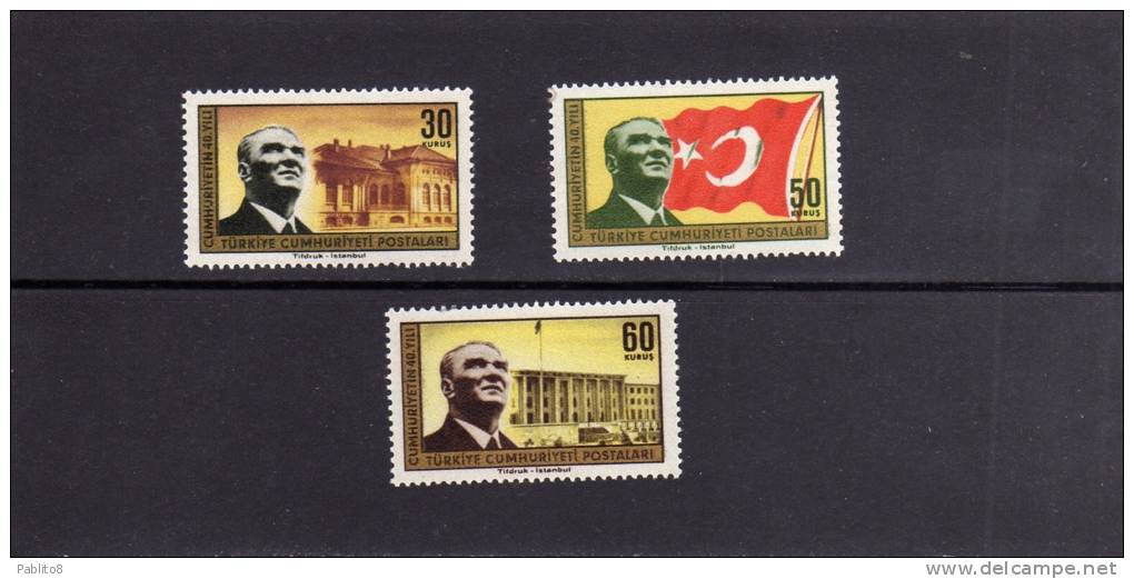 TURCHIA - TURKÍA - TURKEY 1963 ANNIVERSARIO REPUBBLICA TURCA - ANNIVERSARY OF THE TURKISH REPUBLIC SERIE COMPLETA MNH - Neufs