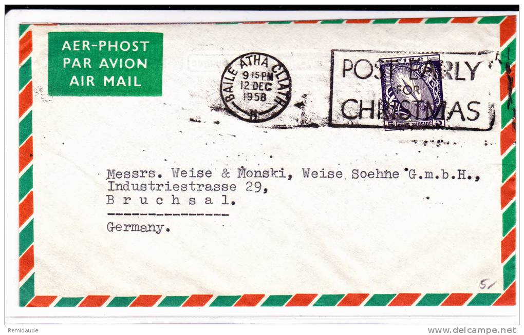 EIRE - 1958 - ENVELOPPE Par AVION Avec MECA "CHRISTMAS" De BAILE ATHA CLIATH Pour BRUCHSAL (GERMANY) - Covers & Documents