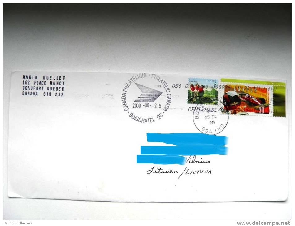 Cover Sent From Canada To Lithuania, Sport Formula 1, Cars, Auto, G.Villeneuve, Special Cancel - Enveloppes Commémoratives