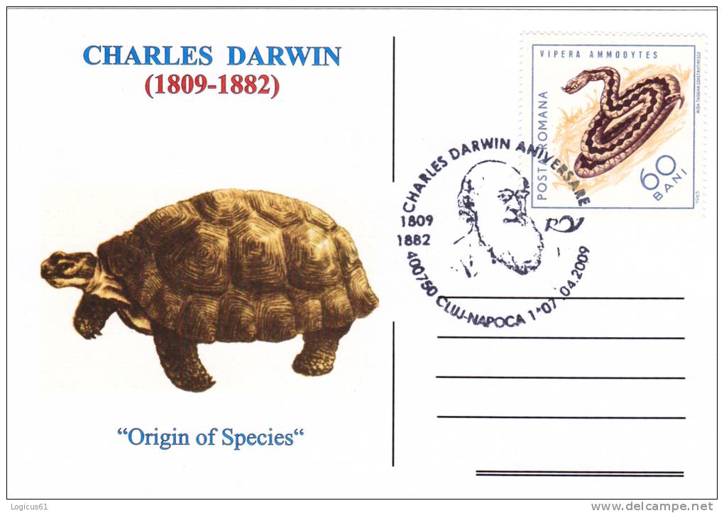 Romania,Cluj-Napoca:CHARLES DARWIN (1809 - 1882)-Origin Of Species,Origine Des Espèces,Postcarte Postale-Romania. - Schildpadden