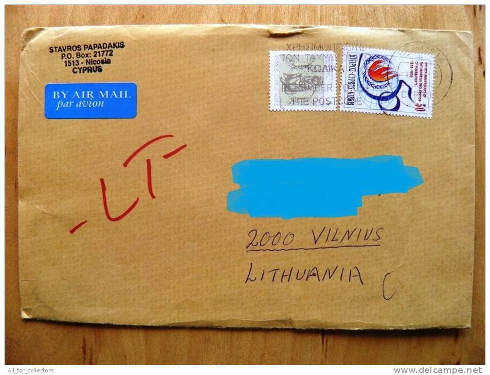 Cover Sent From Cyprus To Lithuania, 50th Anniversary Of Universal Declaration Of Human Rights - Lettres & Documents