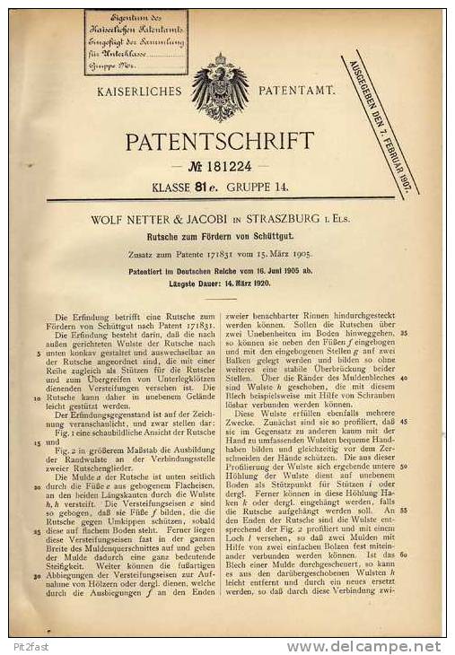 Original Patentschrift -  Netter & Jacobi In Strassburg , 1905, Rutsche Für Schüttgut !!! - Tools