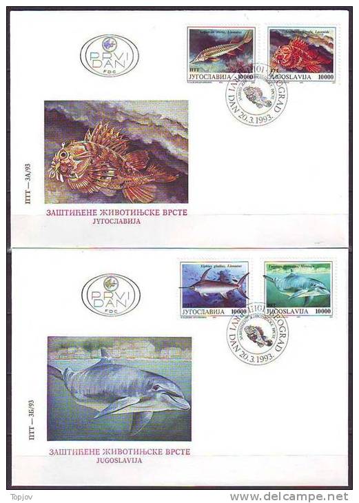 YUGOSLAVIA - JUGOSLAVIJA - FDC - MARINE PROTECTED SPECIES - DOLPHIN - SWORD FISH - STURGEON  - 1993 - Delfines