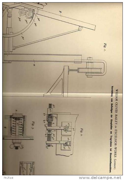 Original Patentschrift - W. Bailey In Excelsior - Works , London , 1898 , Glasschleifmaschine , Glas , Glaserei !!! - Tools