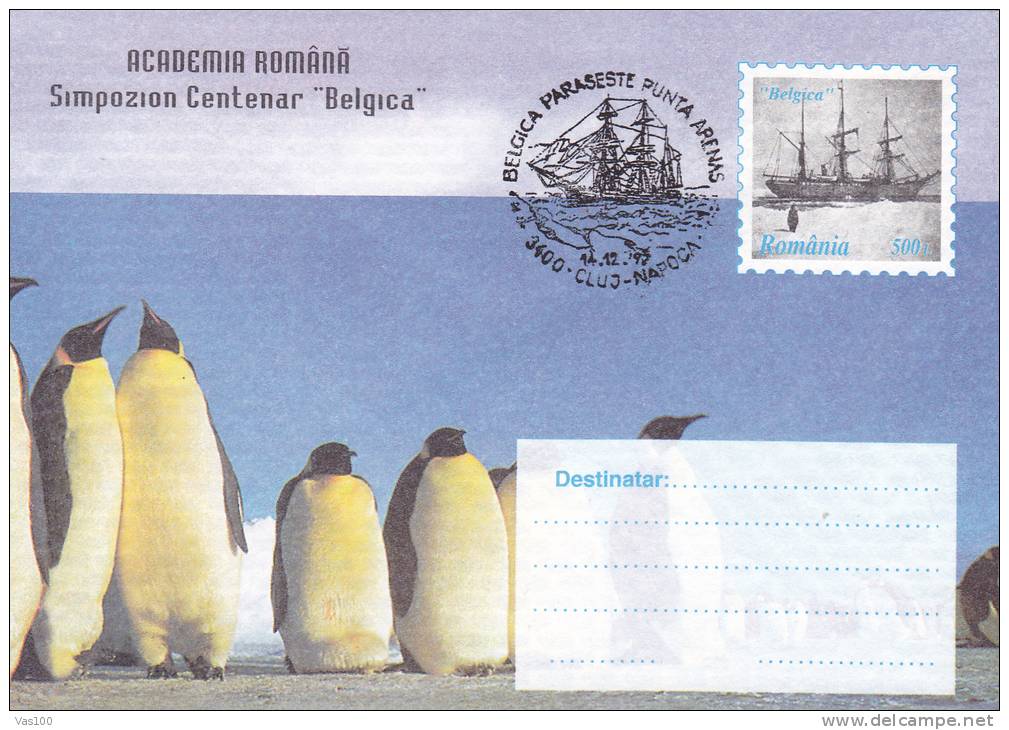 PINGUINS, BELGICA CENTENARY, 1997, COVER STATIONERY, ENTIER POSTAL, OBLITERATION CONCORDANTE, ROMANIA - Pinguini