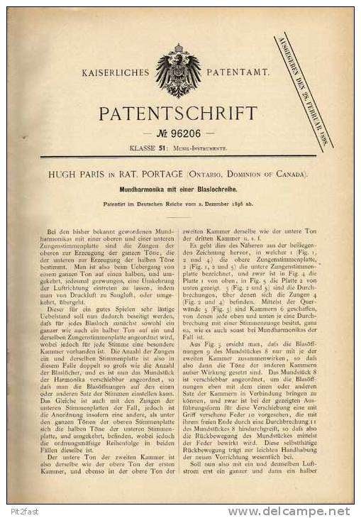 Original Patentschrift - Mundharmonika , 1896 , H. Paris In Rat. Portage , Ontario , Canada !!! - Musical Instruments