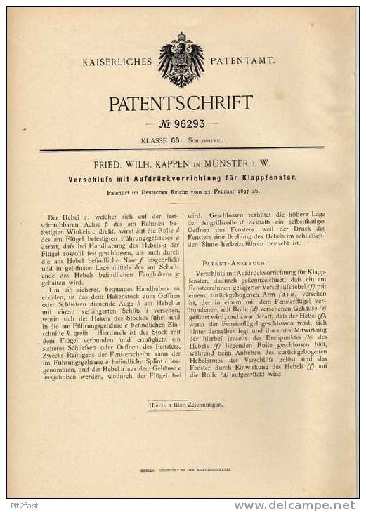 Original Patentschrift - W. Kappen In Münster , 1897, Klappfenster , Fenster , Fensterbau !!! - Architectuur