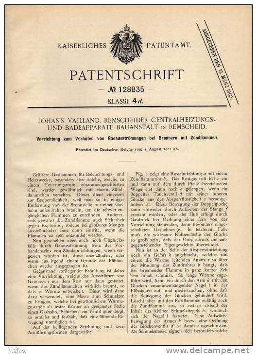 Original Patentschrift - Vailland Centralheizungsbau In Remscheid , 1901, Brenner Mit Zündflamme , Heizung !!! - Tools