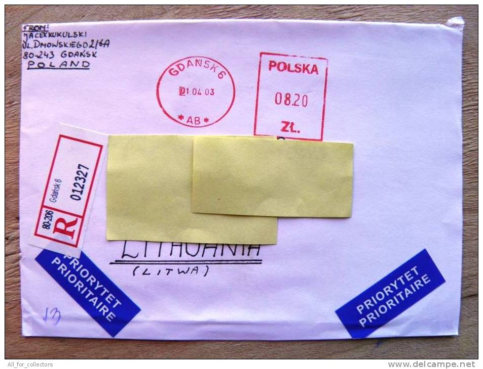 Cover Sent From Poland To Lithuania,  ATM Machine Red Stamp, 2003 Gdansk, Registered - Franking Machines (EMA)