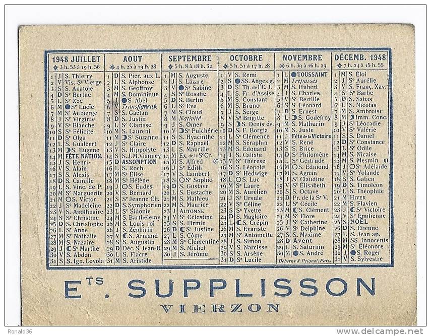 MINI CALENDRIER 1948 ETB SUPPLISSON VIERZON 18 CHER BERRY - Small : 1941-60