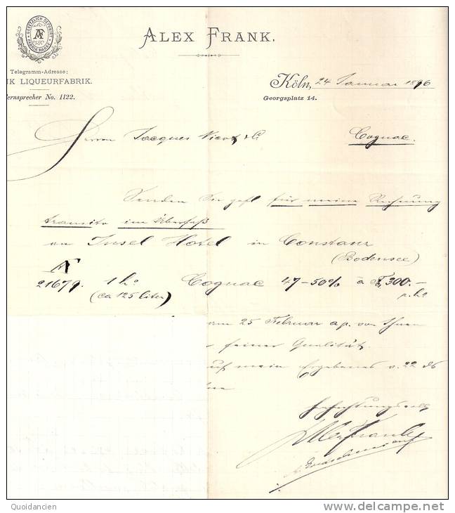 Lettre  24/01/1896 -  KOLN  ( Allemagne )  -  A.  FRANK  Liqueurs - 1800 – 1899