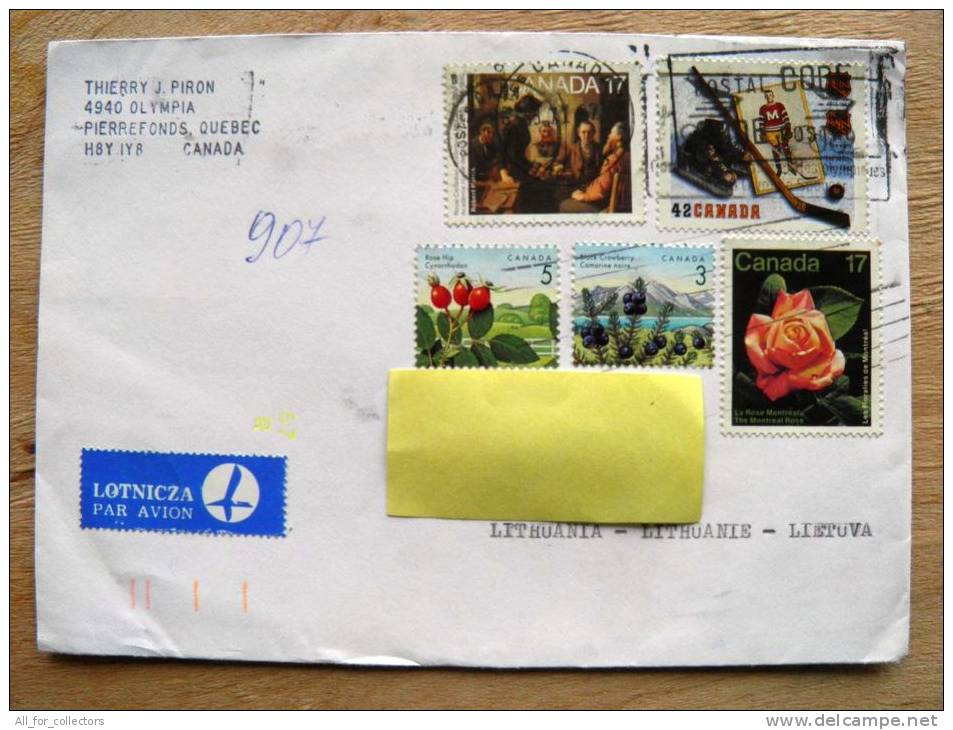 Cover Sent From Canada To Lithuania,  1992, Ice Hockey Sport Nhl, Rose Flower, Harris Art Painting - Enveloppes Commémoratives