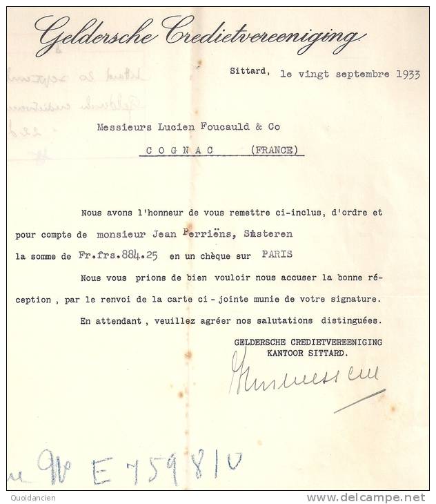 Lettre  20/09/1933  -  SITTARD  Pays  Bas  -  GELDERSCHE  CREDIETVEREENIGING  à  L.  FOUCAULD  COGNAC - Niederlande