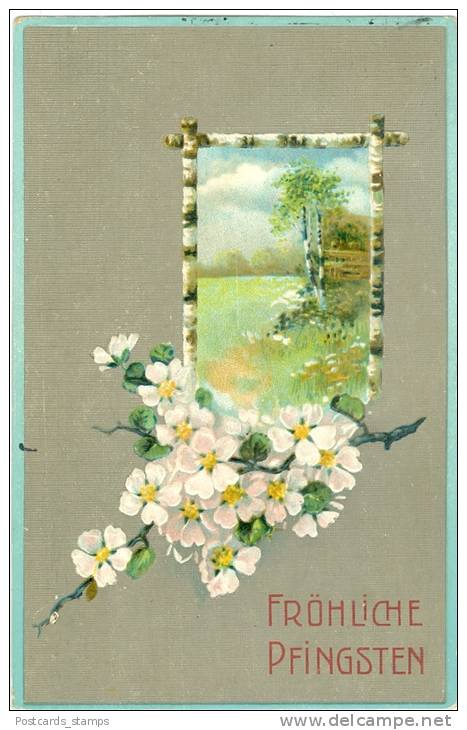 Pfingsten, Landschaft, Blumen, Prägekarte, 1914 - Pentecost