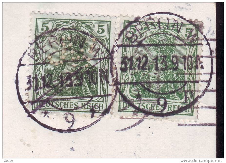 VERY RARE, STAMPS PERFORATED, 1913, POST CARD, GERMANY, SENT TO ROMANIA - Perfins