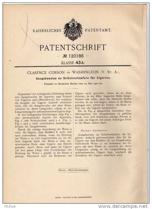 Original Patentschrift - Verkaufsapparat Für Cigarren , 1900 , C. Corson In Wahington , USA , Cigarre , Zigarre !!! - Dokumente