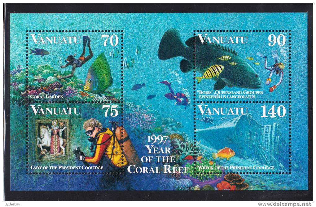 Vanuatu MNH Scott #696b Souvenir Sheet Of 4 Lady, Wreck Of Pres. Coolidge, Reef, Grouper - Year Of The Coral Reef - Vanuatu (1980-...)