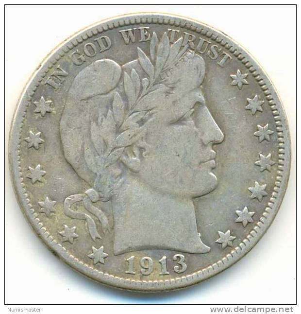1913 D, BARBER HALF DOLLAR  ,UNCLEANED SILVER COIN - 1892-1915: Barber