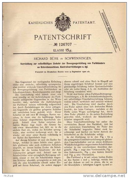 Original Patentschrift - R. Bürck In Schwenningen , 1900, Schreibmaschine Umkehrvorrichtung !!! - Maschinen