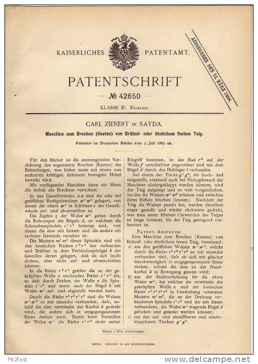 Original Patentschrift - C. Zienert In Sayda , 1887 , Brezel Maschine , Bäckerei , Bäcker !!! - Macchine