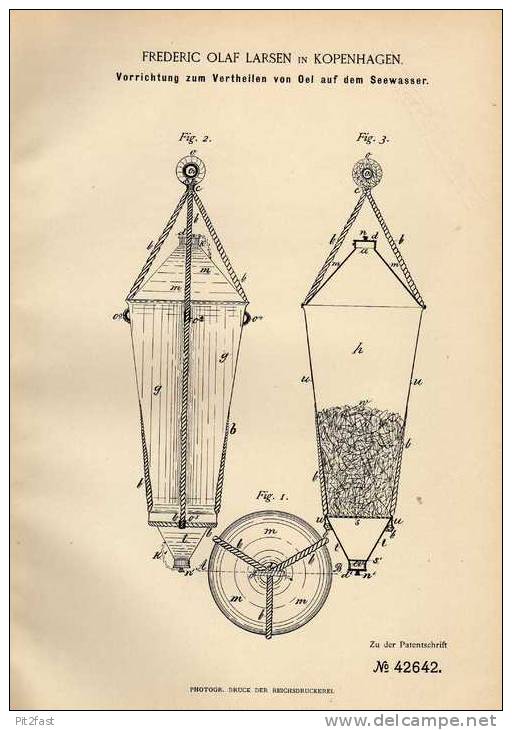 Original Patentschrift - Verteiler Für Oel Auf Seewasser , 1887 , F. Larsen In Kopenhagen !!! - Andere & Zonder Classificatie