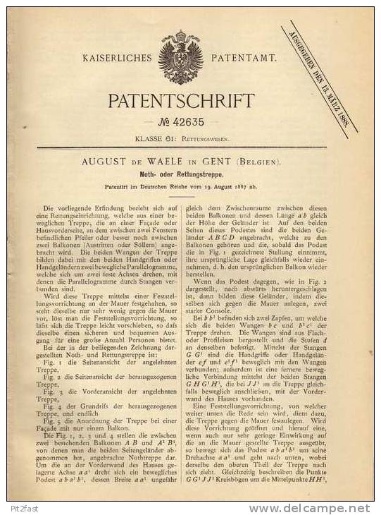 Original Patentschrift - A. De Waele In Gent , 1887 , Not- Und Rettungstreppe , Feuerwehr , Rettung , Treppe !!! - Architectuur