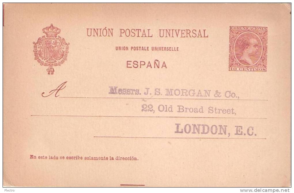 Tarjeta De Alfonso XIII Pelón Privatizada "J.S.Morgan & Co." De Londres, Edifil-31p. - 1850-1931