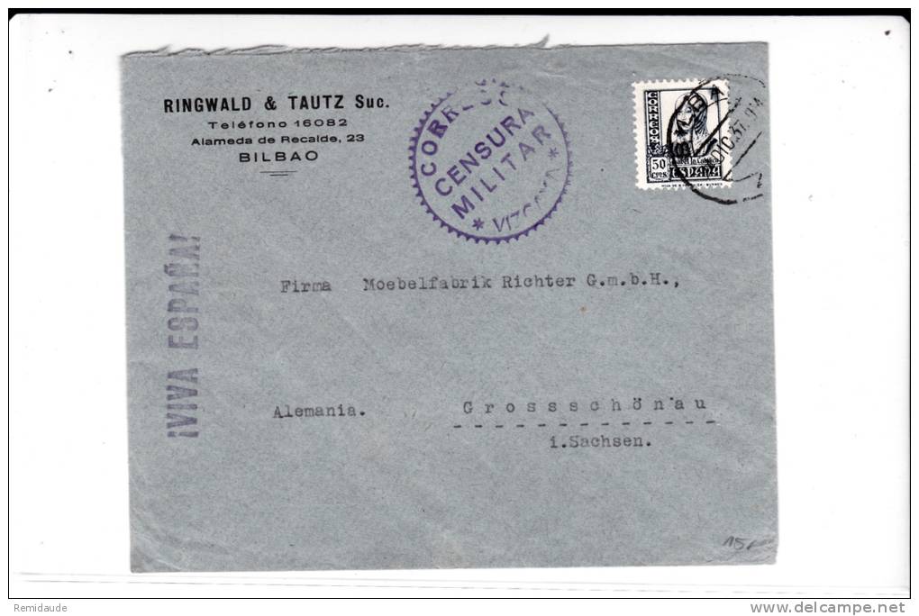 ESPAGNE - 1937 - ENVELOPPE COMMERCIALE De BILBAO Avec CENSURE De VIZCAYA Pour L´ALLEMAGNE - "VIVA ESPANA" - Nationalists Censor Marks