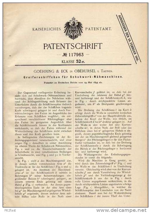 Original Patentschrift - Goehring & Eck In Oberursel I. Taunus , 1899 , Schuhwerk - Nähmaschine , Schuster , Schuhe !!! - Littérature