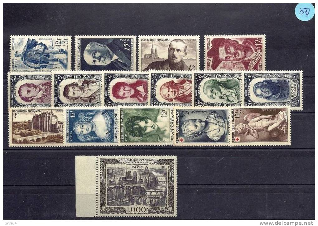 LOT DE TIMBRES DE FRANCE NEUFS ** LUXE- ANNÉE COMPLETE 1950 - AVEC POSTE AÉRIENNE 1000 Fr- COTE 270 E- - 1950-1959