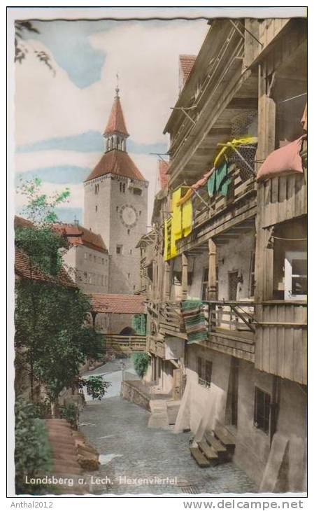 AK Landsberg Lech Wohngebiet Hexenviertel Wäsche Kirche Coloriert 50er - Landsberg