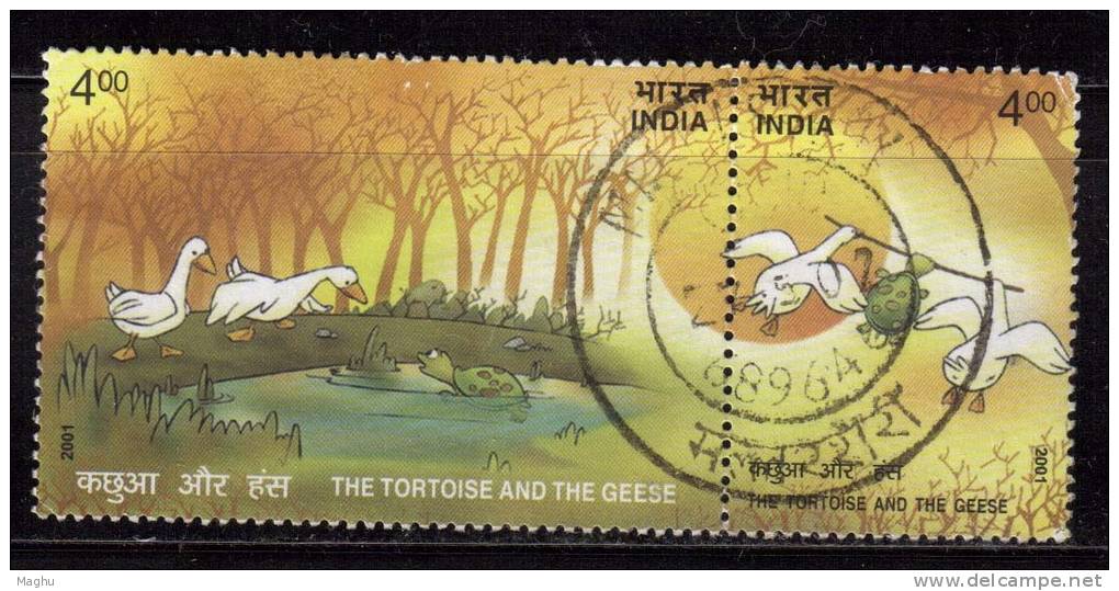 India Se-tenent Used, Pair, Stories From Panchatantra, Geese, Tortoise, Bird, - Gebruikt