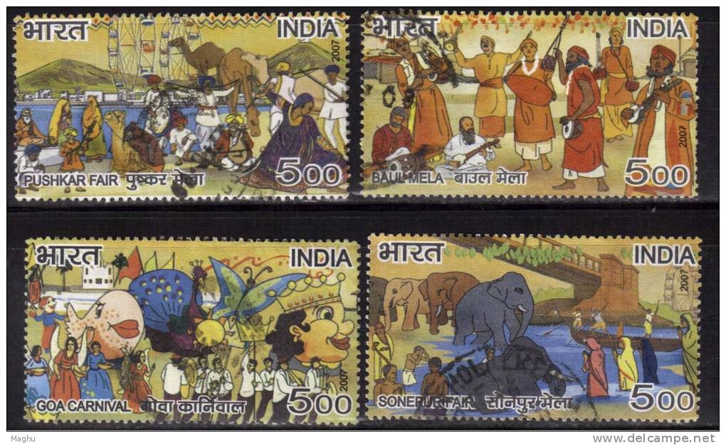 India Used 2007, Set Of 4, Fairs Puskar, Sonepur, Goa Carnival, Baul Mela, Elephant, Butterfly, Music, Fish, Camel, - Gebruikt