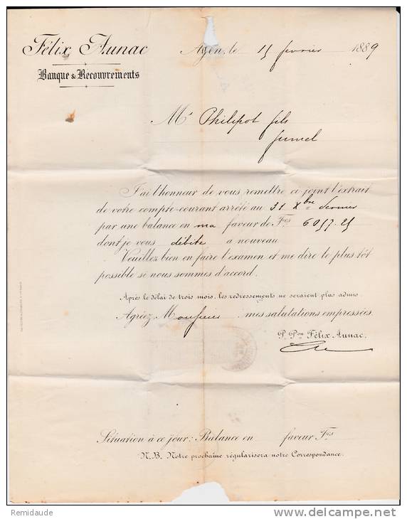 1889 - SAGE - PERFORES F.A (FELIX AUNAC) Sur LETTRE De AGEN (LOT ET GARONNE) Pour FUMEL - AFFRANCHISSEMENT 50c RARE - Sonstige & Ohne Zuordnung