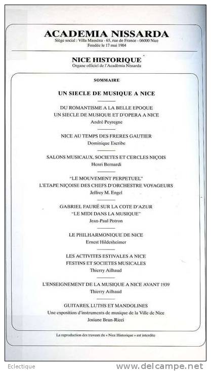 Nice Historique : Un Siècle De Musique à Nice Par Academia Nissarda, 1994 - Côte D'Azur