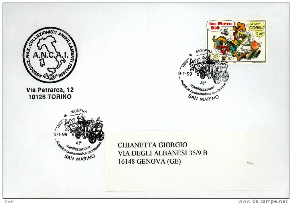 SAN MARINO COCCO BILL JACOVITTI FUMETTI 1997 ANNULLO SPECIALE - Covers & Documents