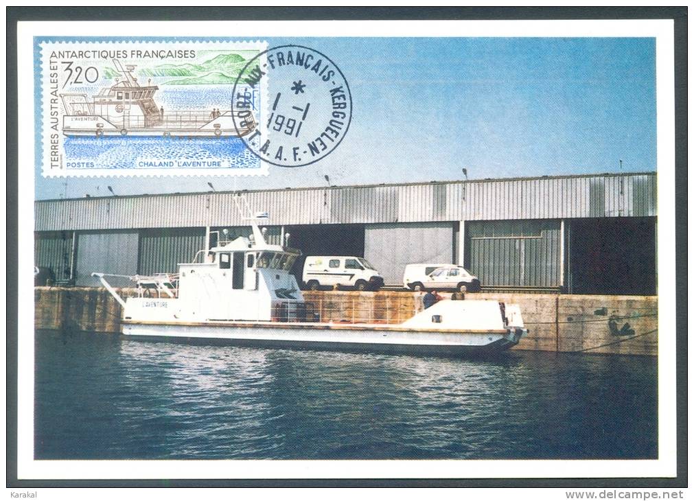 TAAF Y&T 158 Chaland L'aventure Bateau Ship Boat 1991 Port-aux-français Kerguelen 1/1/1991 Carte Maximum - FDC