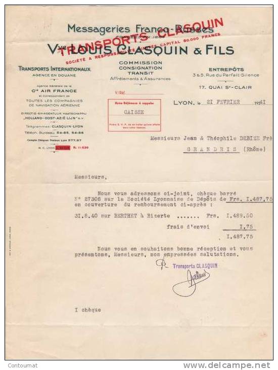 69 LYON COURRIER MESSAGERIES FRANCO RUSSES  Transports CLASQUIN  1941 - V11 - Transports