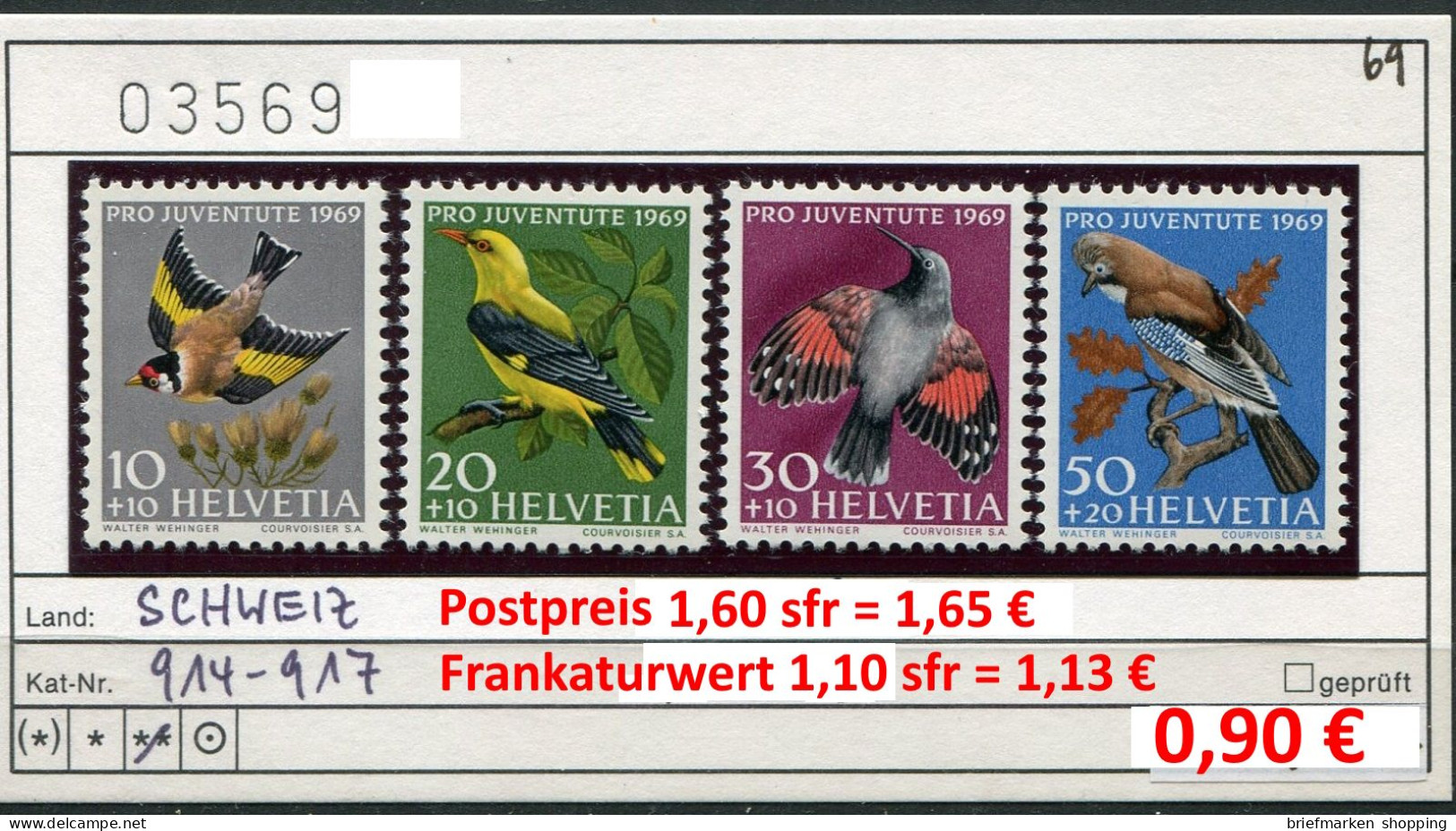 Schweiz 1969 - Suisse 1969 - Switzerland - Svizzera - Michel 914-917 - ** Mnh Neuf Postfris - Vögel Oiseaux Birds Vogels - Unused Stamps