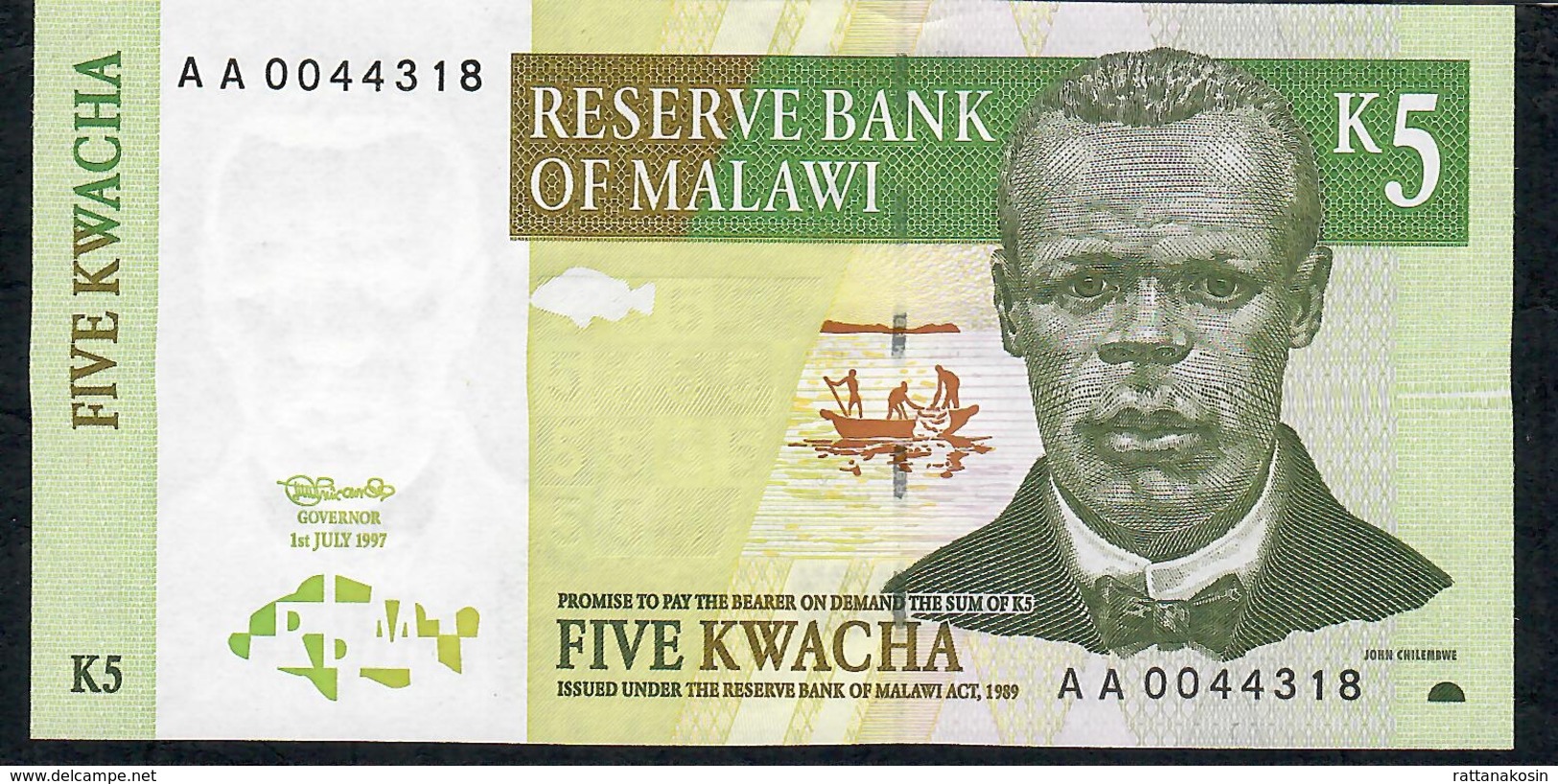 MALAWI  P36a  5  KWACHA  1997  Serie #  AA 0044318  Signature 8b   UNC. - Malawi