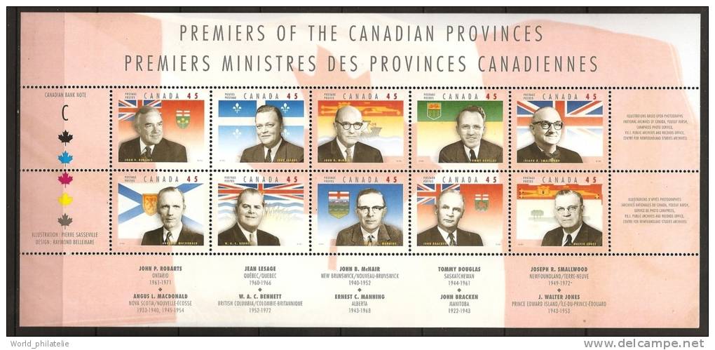 Canada 1998 N° 1546 / 55 ** Premiers Ministres, Robarts, Ontario, Lesage, Québec, McNair, Douglas, Saskatchewan, Flags - Unused Stamps