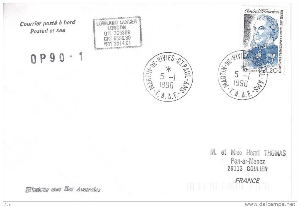 8208  LOWLAND LANCER à St PAUL&AMSTERDAM - OP 90-1 -   5-1-1990 ( Remplace Le MD ) - Lettres & Documents
