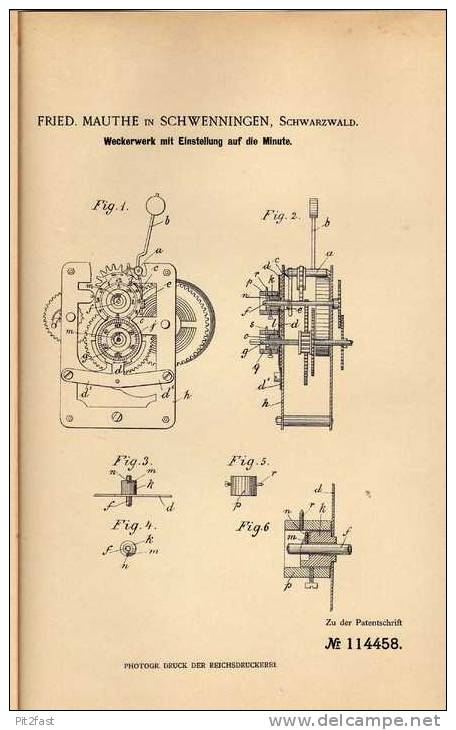 Original Patentschrift - F. Mauthe In Schwenningen , 1899 , Weckerwerk Mit Minuteneinstellung , Uhr , Wecker !!! - Autres & Non Classés