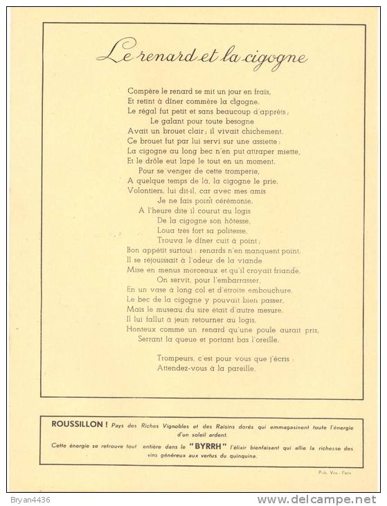 La Fontaine "Le Renard & La Cigogne"-Protège Cahier Ancien Pub  BYRRH - PARFAIT ETAT (voir Scan) - Dieren