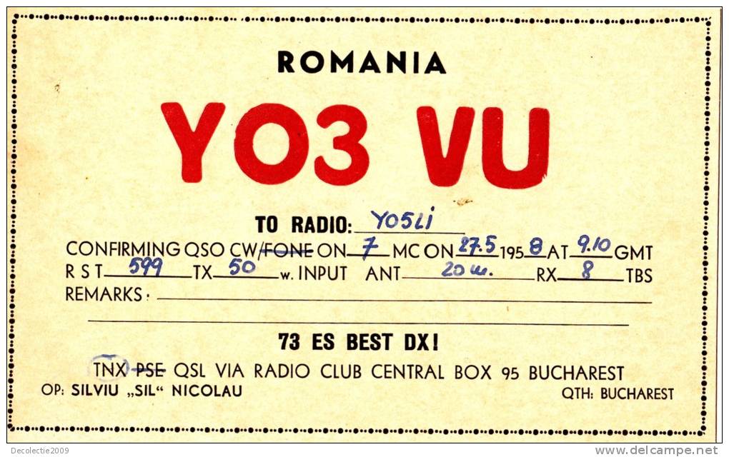 ZS30584 Cartes QSL Radio YO3VU ROMANIA Used Perfect Shape Back Scan At Reques - Radio