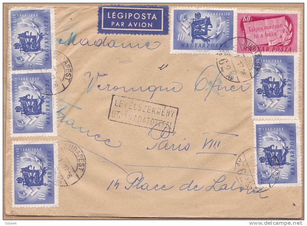 7006# HONGRIE LETTRE PAR AVION LEGIPOSTA  Levélszekrény útján Adatottfel Obl BUDAPEST 1949 MAGYAR Pour PARIS - Poststempel (Marcophilie)